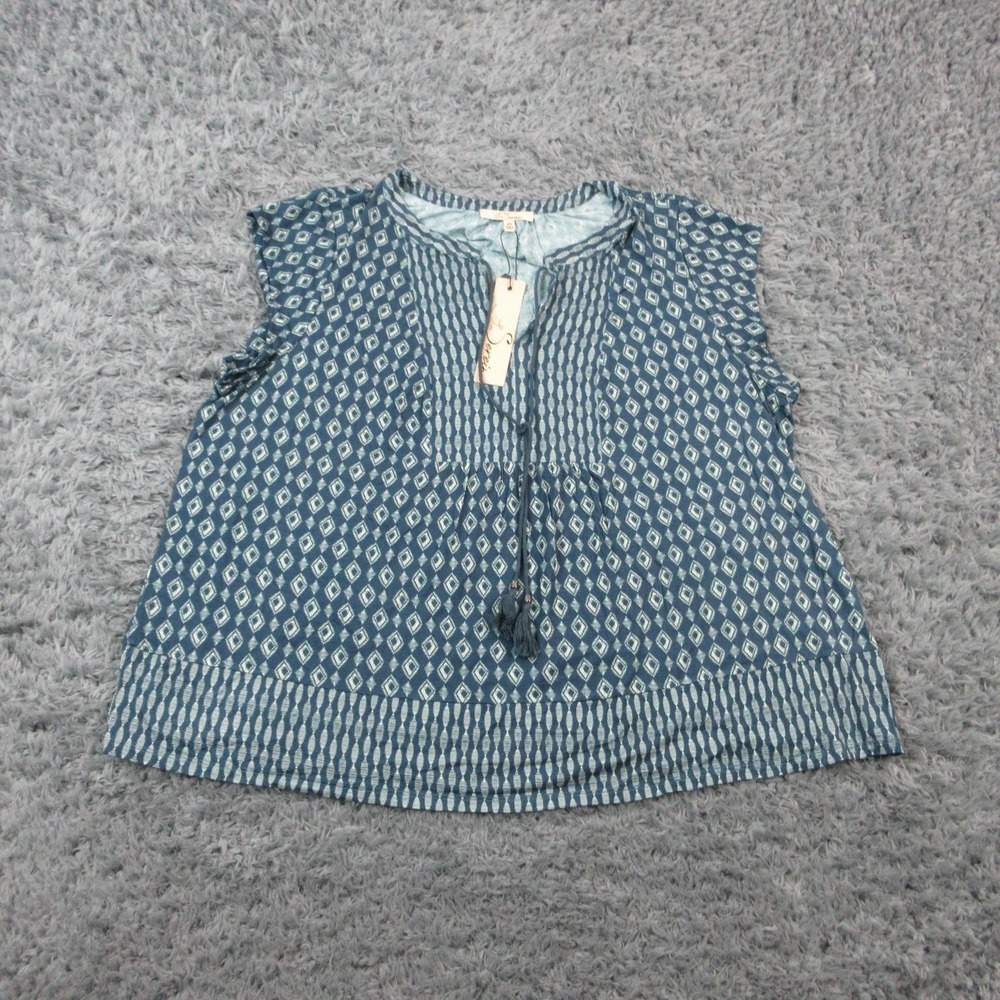 Les Serein Tunic Womens 2X Blue Cap Sleeve V-Neck Tassel Pleated Rayon NWT